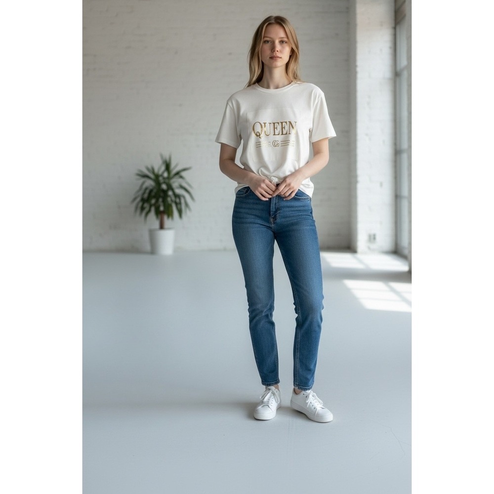 Fashion Nova QUEEN Graphic Tee‎ Shirt White Short Sleeve Tie Front Top Women's L